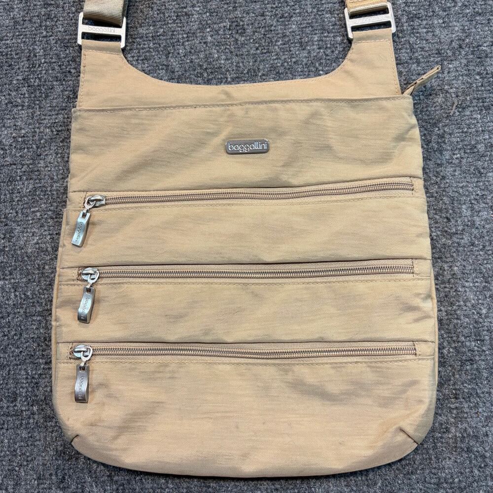 Baggallini Tan Nylon Multi Zipper Pocket Crossbody Travel Bag Lightweight Purse